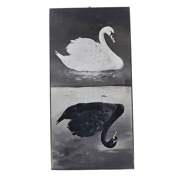 Black & White Swans Vertical Wall Art Stretched Canvas Gothic Bordeaux NEW - Picture 1 of 9